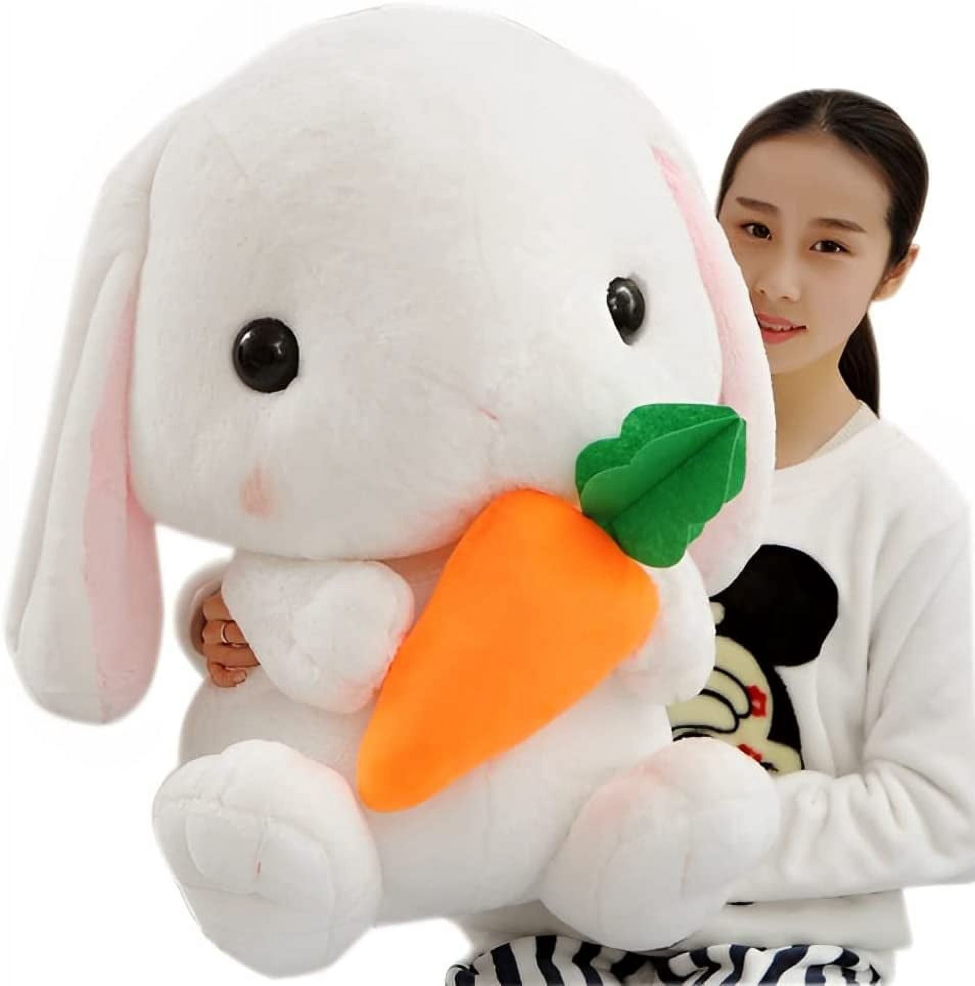 Soft Toy - Sitting Lop Eared Rabbit, Easter White Rabbit Stuffed Bunny Animal with Carrot Soft Lovely Realistic Long-Eared Standing Pink Plush Toys (White-Carrot,12.5in/32cm)