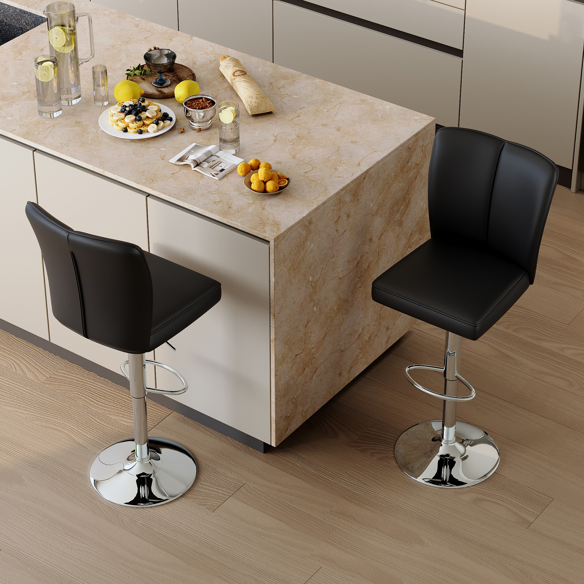 Bar Stool, Adjustable Bar Stool, Swivel Bar Stool&nbsp;Set of 2 with PU Leather Seat and Silver Metal Legs for Kitchen Counter, Home Bar or Cafe, Black and Silver