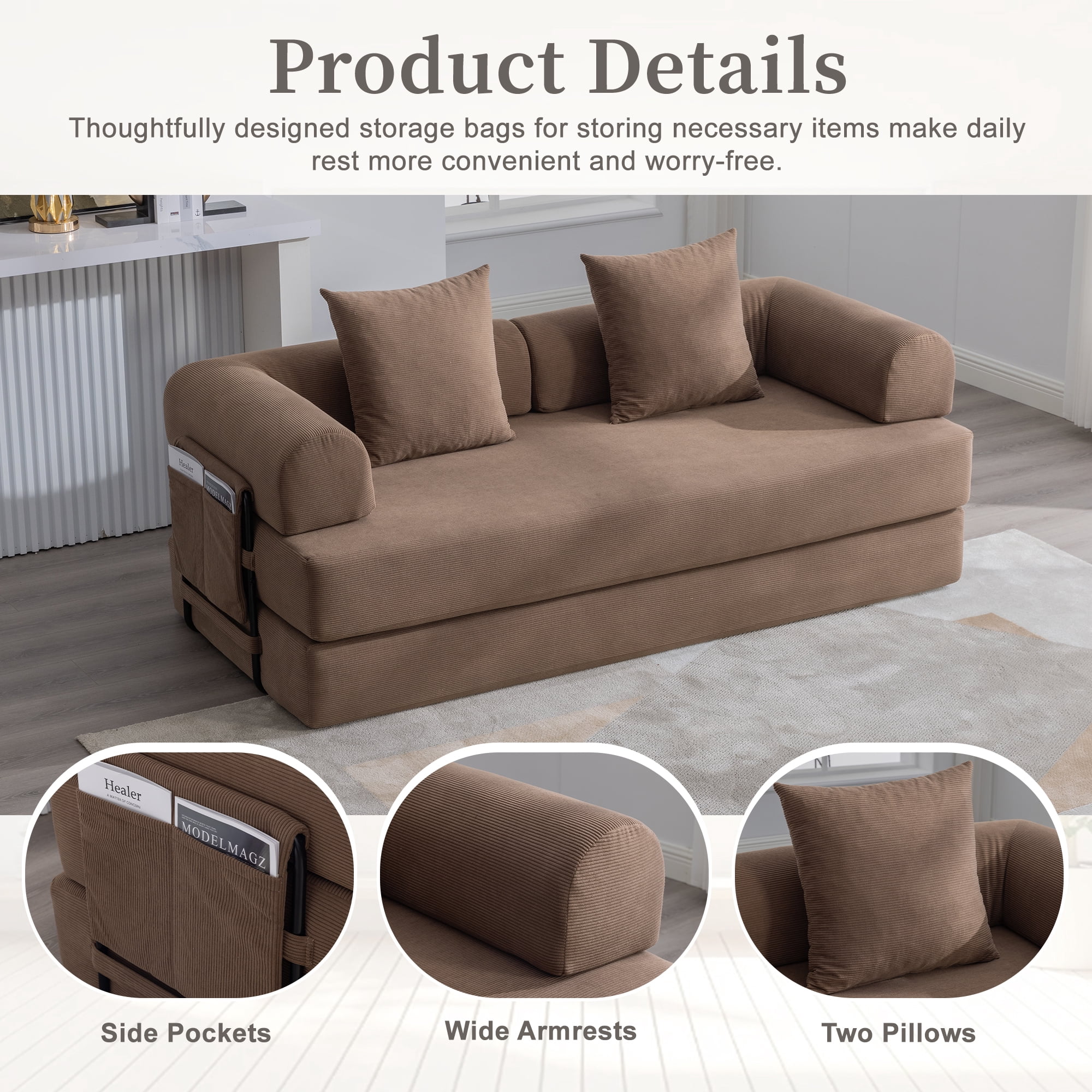 MOONMISS Corduroy Upholstered Modern Comfort Foldable Compressible Sofa Bed with Sturdy Metal Frame-Brown