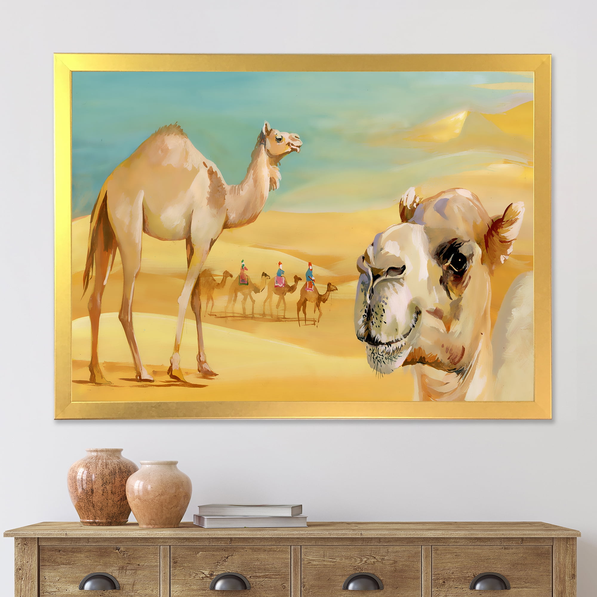 Designart 'Camels In Wild Desert II' Farmhouse Framed Art Print
