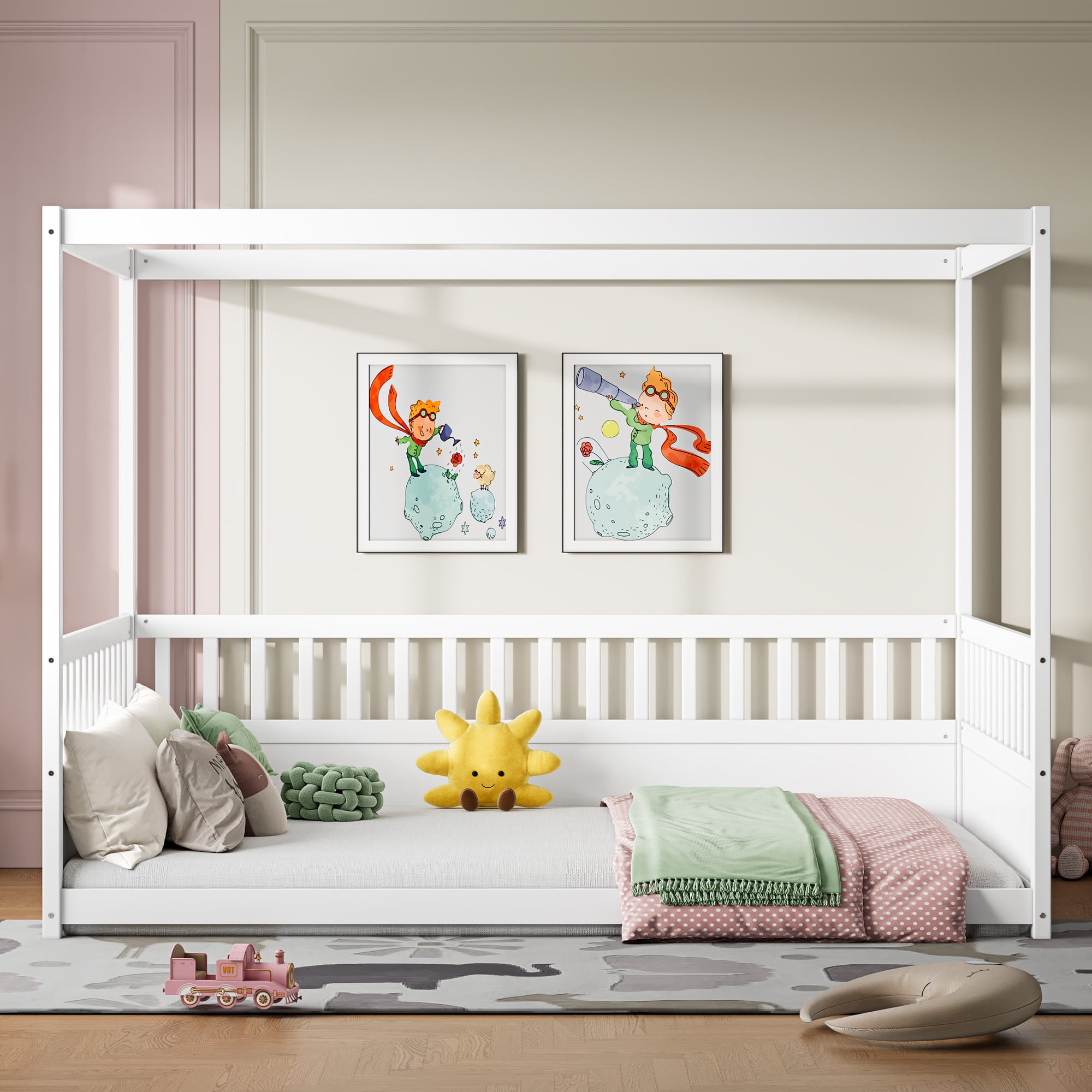 Canopy Bed Frame with Guardrails for Kids, Full Size Floor Bed with Four Poster Design, White Pine Wood Montessori Bed, Low Profile Floor Bed with 21.45-Inch Guardrail