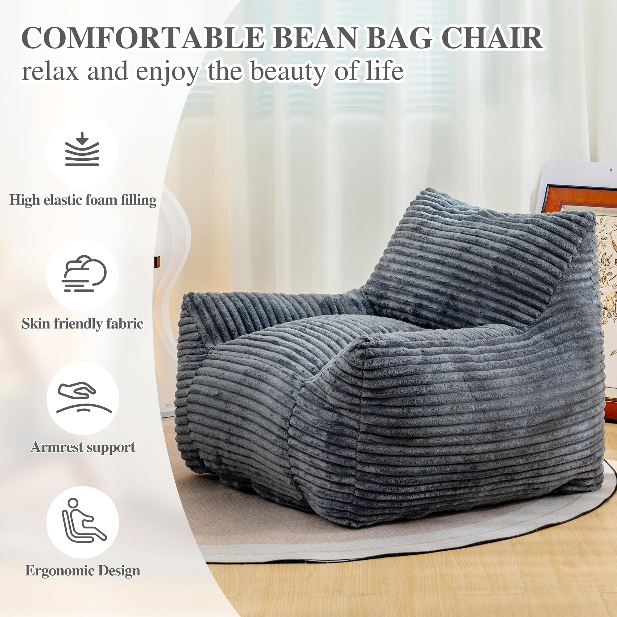 JESTOP Bean Bag Chair for Adults with Armrests, Lazy Floor Sofa Cozy Single Cloud Mini Couch, Corduroy Reading Chair for Living Room Bedroom