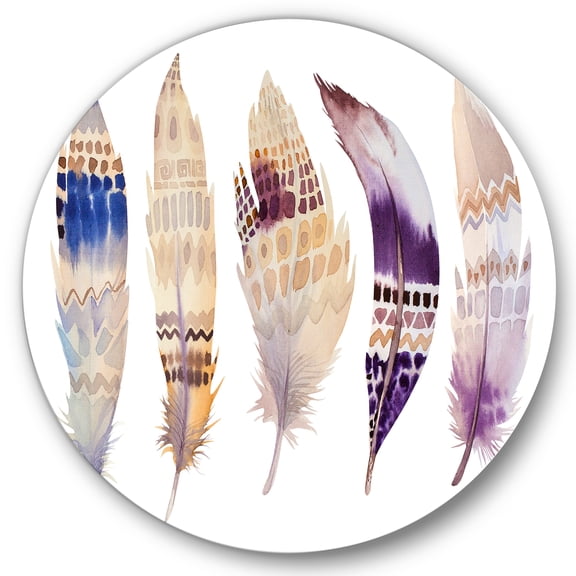 Designart 'Ethnic Purple Boho Art Feathers' Bohemian & Eclectic Circle Metal Wall Art 36x36 - Disc of 36
