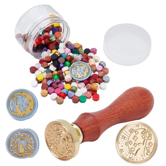 Wax Seal Kit 210PCS Sealing Wax Beads Mixed Colours with 2PCS Cat Wax Seal Stamp Heads and 1 Piece Wooden Handle