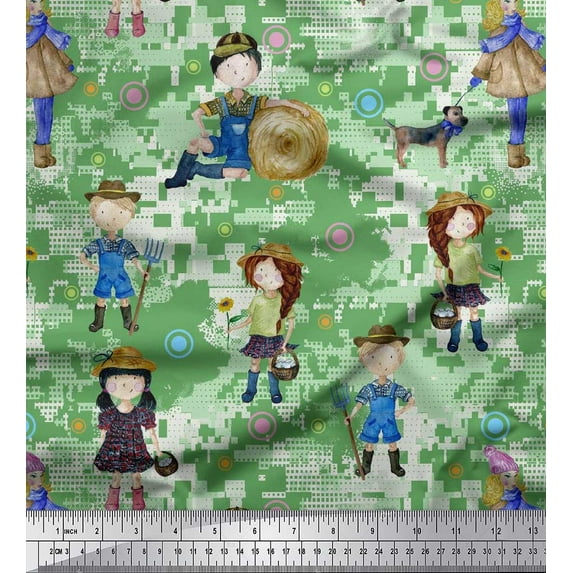 Soimoi Cotton Poplin Fabric Circle,Farm Boy & Girl Kids Print Sewing Fabric Yard 42 Inch Wide