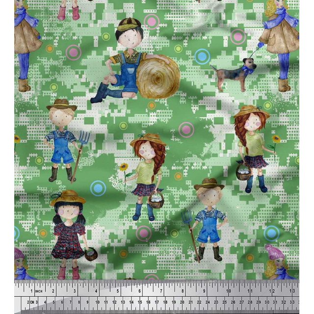 Soimoi Velvet Fabric Circle,Farm Boy & Girl Kids Decor Fabric Printed Yard 58 Inch Wide