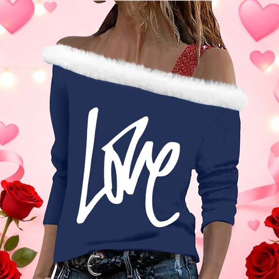 Uootdi Off The Shoulder Long Sleeve Shirts for Women FuzzyTrim Collar Love Heart Print Graphic Sweatshirt Casual Holiday Tops Gift