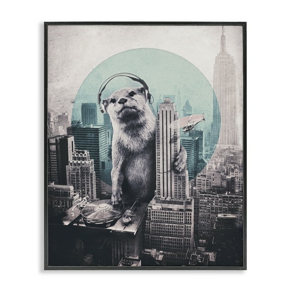 Stupell Industries DJ Otter over Cityscape Music Painting Black Framed Art Print Wall Art, 11 x 14
