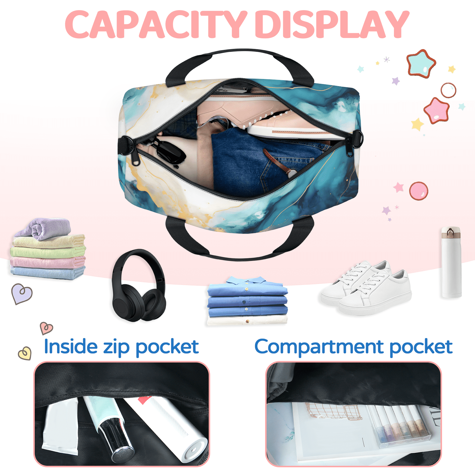 Herdesigns Dark Blue Marble Gym Bag for Women, Duffle Bag for Travel Sport, Lightweight Waterproof Carry on Weekender Overnight Dance Yoga Workout Bags