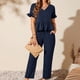 thumbnail image 1 of Pantalones Con Peplum Conjunto de pantalones rectos de 2 piezas para damas Conjunto de 2 piezas de verano con mangas volantes Traje diario Cgtredaw Azul Marino L Personalizado para Mujer, 1 of 1