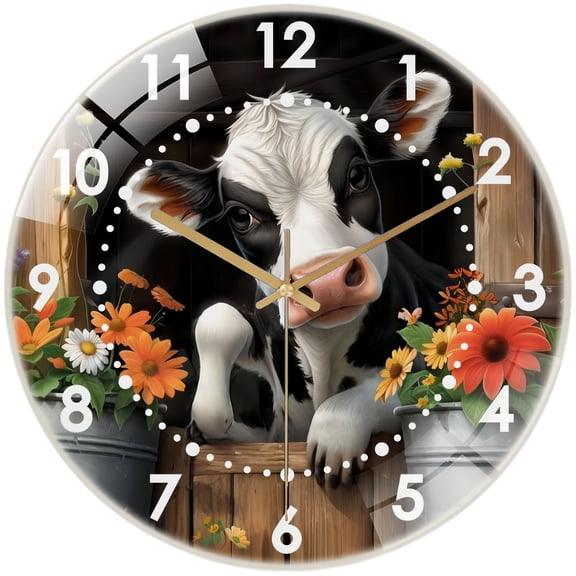Round Decorative Clock: Holstein Cow  Glass Wall Clock, Cow Decor Wall Clock  for Homes, Bars, Offices, Man Caves, Garages, And Living Rooms .Also Makes A Great Gift. Style 12×12inch(30×30cm)