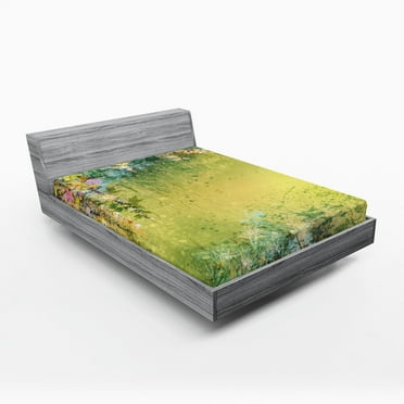 Ambesonne Flower Fitted Sheet, Spring Foliage Vintage, Queen Size, Green