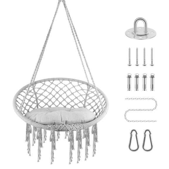 Gray Cotton Hammock Chair, 31.5x15.7 Inch Size, 3-Step Installation, Rope Hammock Chair, Fabric Hanging Chair, Sunroom, Garden, Playroom