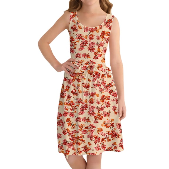 Ruyang Hawaiian Midi Dresses for Girls Flower Printed A Line Swing Jumper Skirts Summer Boho Beach Vacation Casual Sundress