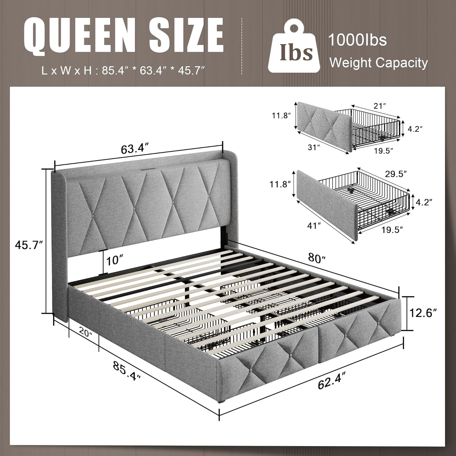 iPormis Queen Size Bed Frame with Charging Station , Upholstered Bed with 4 Storage Drawers, Light Grey