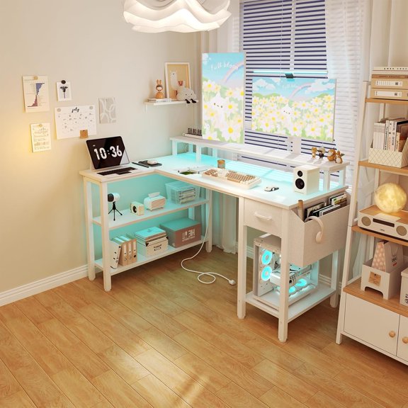 White L Shaped Gaming Desk with Fabric Drawers and Storage Shelves, 47 inch Home Office Desk with Monitor Stand, Computer Desk with LED Lights and Power Outlets, White
