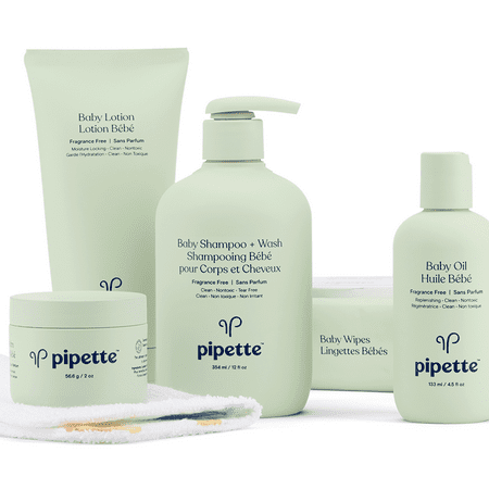 Pipette Baby Essentials Kit with Plant-Derived Squalane, includes Baby Lotion, Shampoo & Wash, Oil, Balm, Wipes, 5-piece set