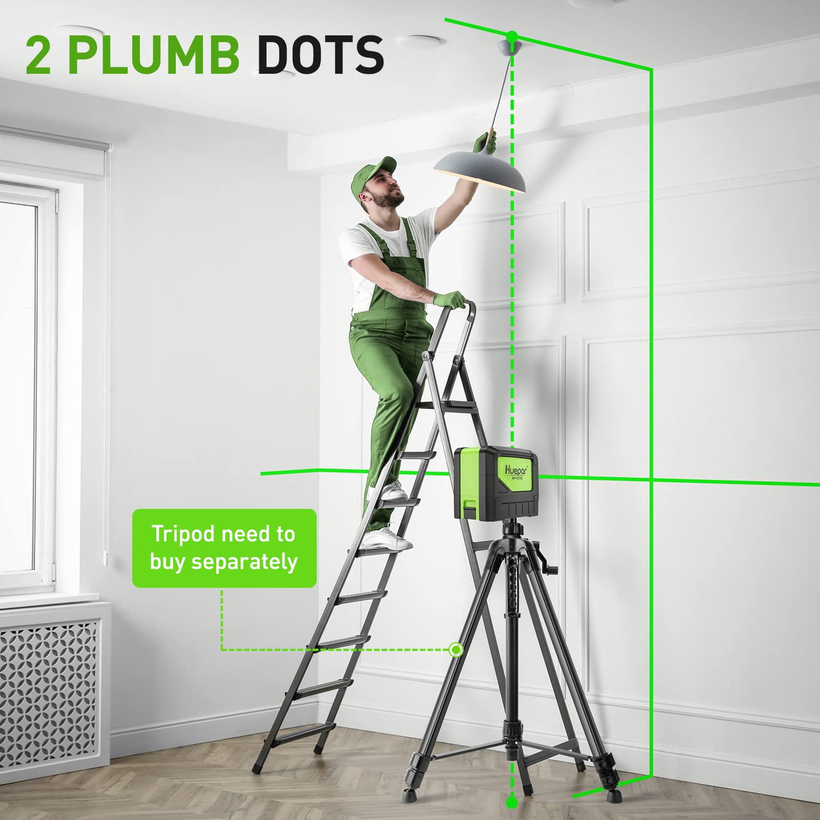Huepar Green Beam Self-Leveling Laser Level Cross Line Laser Level Tools with 2 Plumb Dots and 360° Magnetic Pivoting Bracket