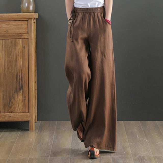 Jsaierl Wide Leg Linen Pants for Women Drawstring Elastic Waist Loose Fit Straight Leg Pants Solid Color Plus Size Palazzo Capris with Pockets