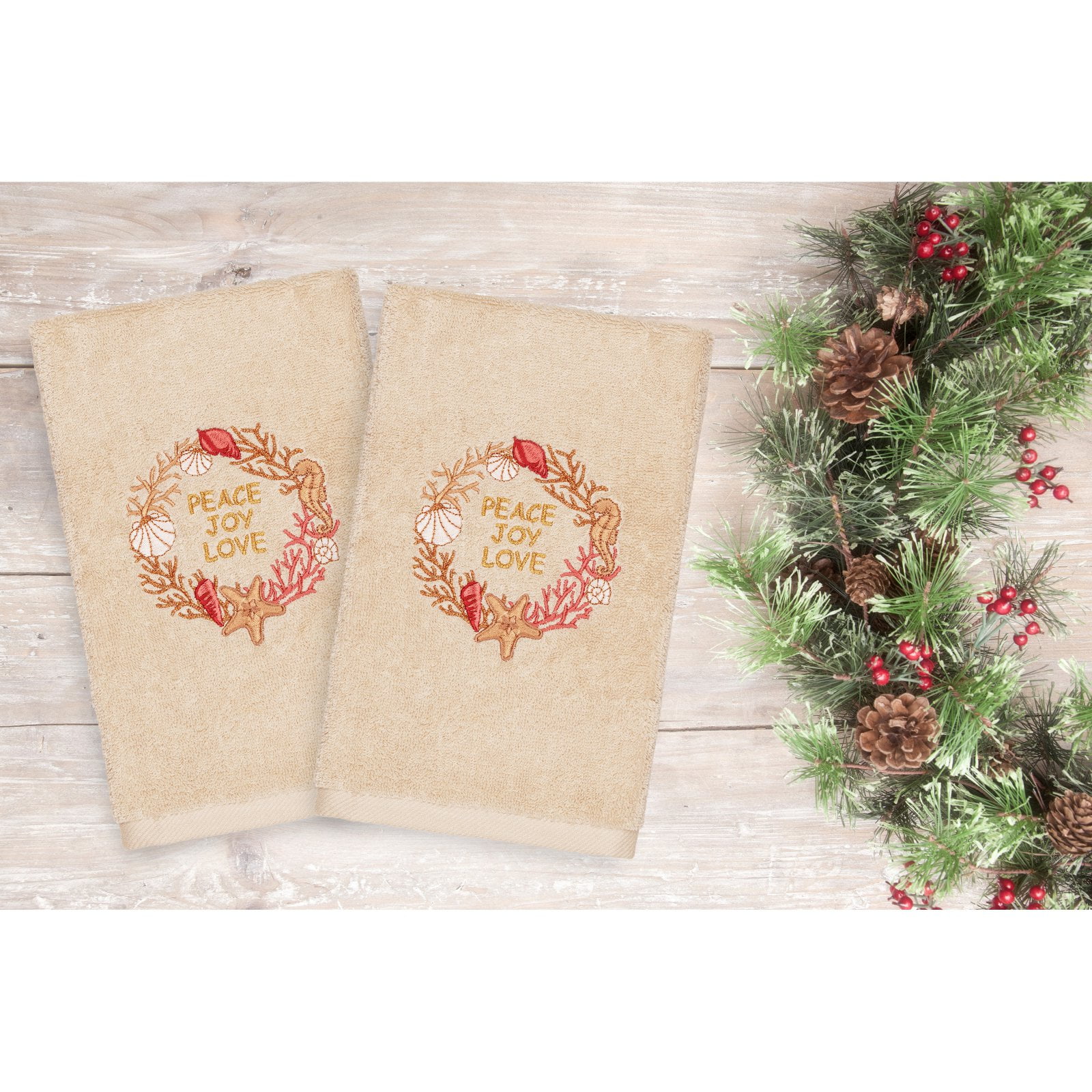 Linum Home Textiles Christmas Peace Embroidered Turkish Cotton Hand Towel - Set of 2