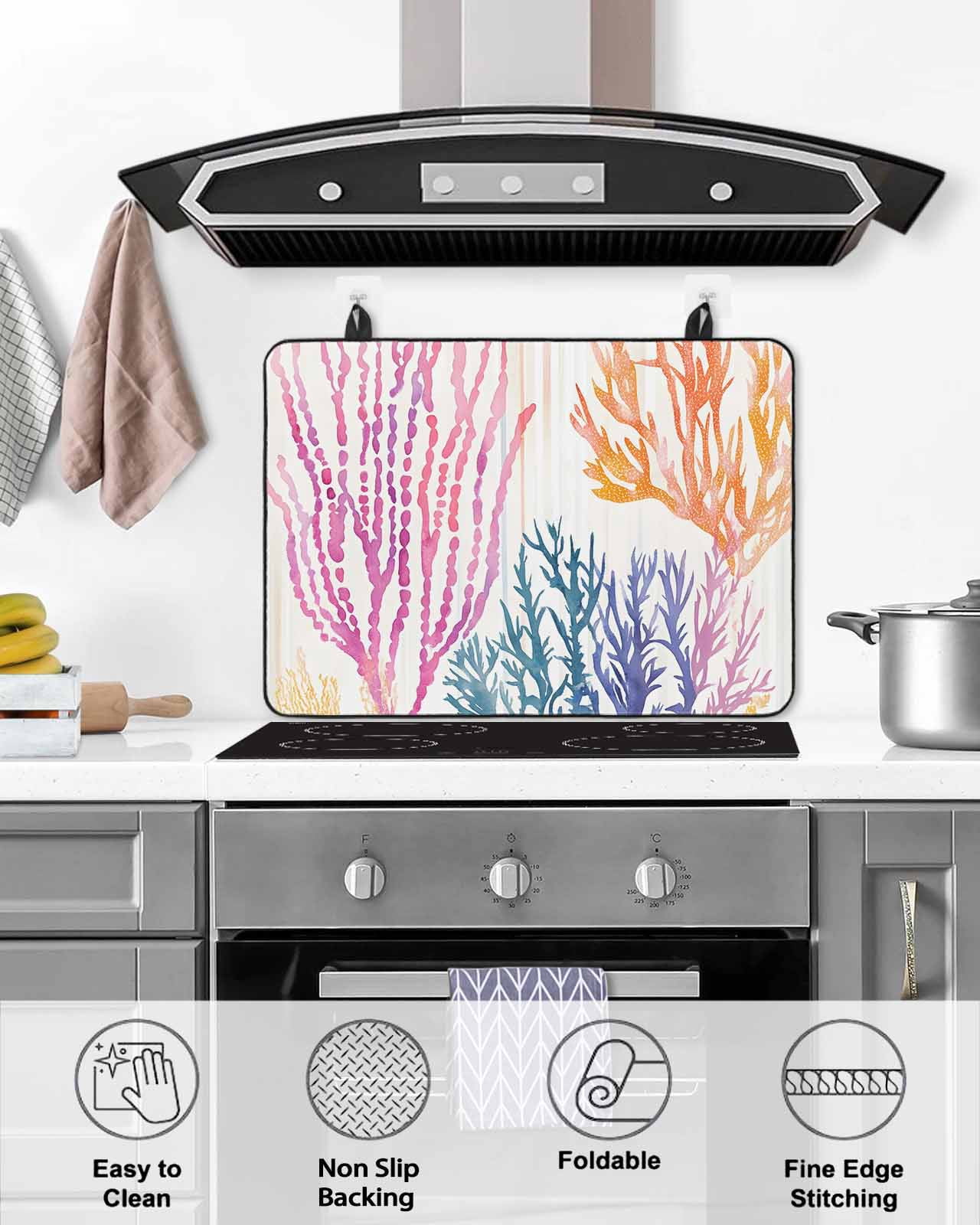nqOlkjepod Large Induction Cooktop Protector Mat 36"x21", Summer Coral Stove Top Covers for Electric Stove, Ocean Vintage Sea Watercolor Plant Stove Burner Cover Mats, Glass Top Stove Cover