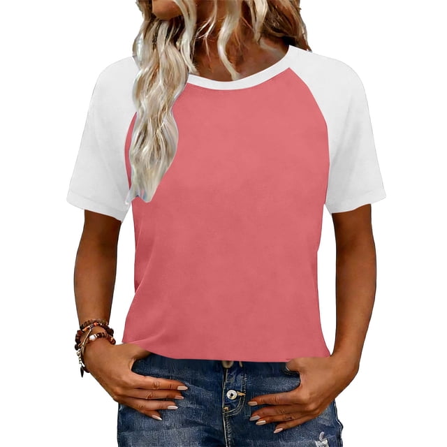 Tops de manga corta de verano para las mujeres manga Raglan color bloqueado blusa casual, Tops de manga corta de las mujeres suave transpirable