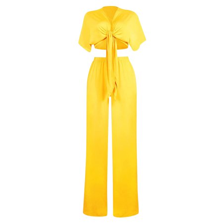 

Dadaria 2 Piece Outfits for Women Pants Sets Dressy Bandage Deep V Neck Short Sleeve Tops Broad Leg Pants Two Piece Sets Yellow XL Female
