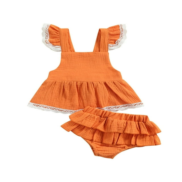 Baby Girl Dress Set Lace Hem Decor Ruffle Suspender Skirt Matching Elastic Waist Shorts Green 3-6 Months