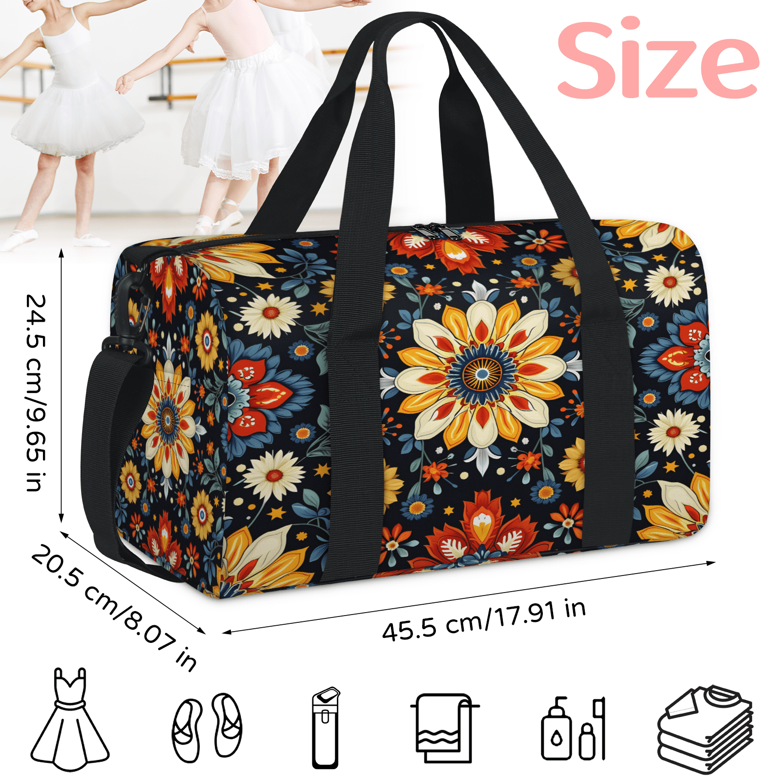 Herdesigns Mexico Flower Gym Bag for Women, Duffle Bag for Travel Sport, Sunflower Lightweight Waterproof Carry on Weekender Dance Yoga Workout Bags