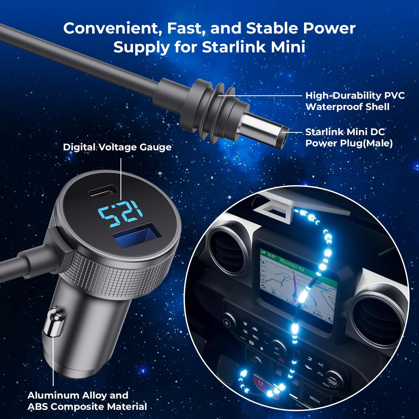 Starlink Mini Cable, 3 in 1 Starlink Mini DC Power Cable Car Charger  and Cigarette Lighter Adapter 12V-48V with Digital Display,  USB-C and USB-A Ports for Trucks and Cars, 10FT Cable