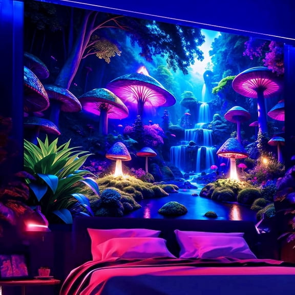 Miytal Fantasy Mushroom Forest Blacklight UV Reactive Tapestry, 59.1" x 51.2"