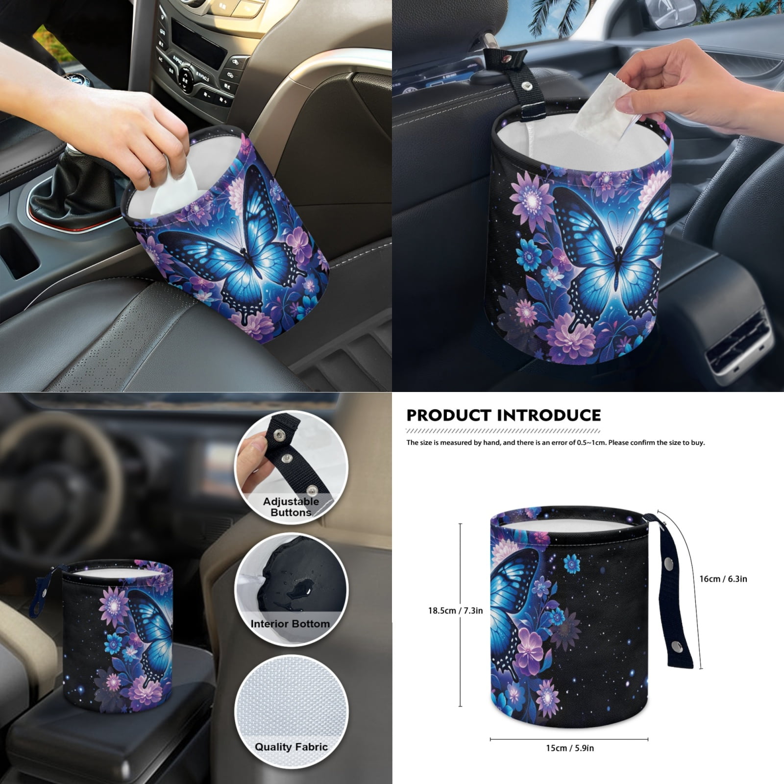 Renewold Butterfly Flower 14 Pack Car Accessories, Universal Auto Seat Protector Steering Wheel Seatbelt Strap Pad Trash Can Armrest Pad Cup Holders Rearview Mirror Handbrake Cover Set, Blue Purple