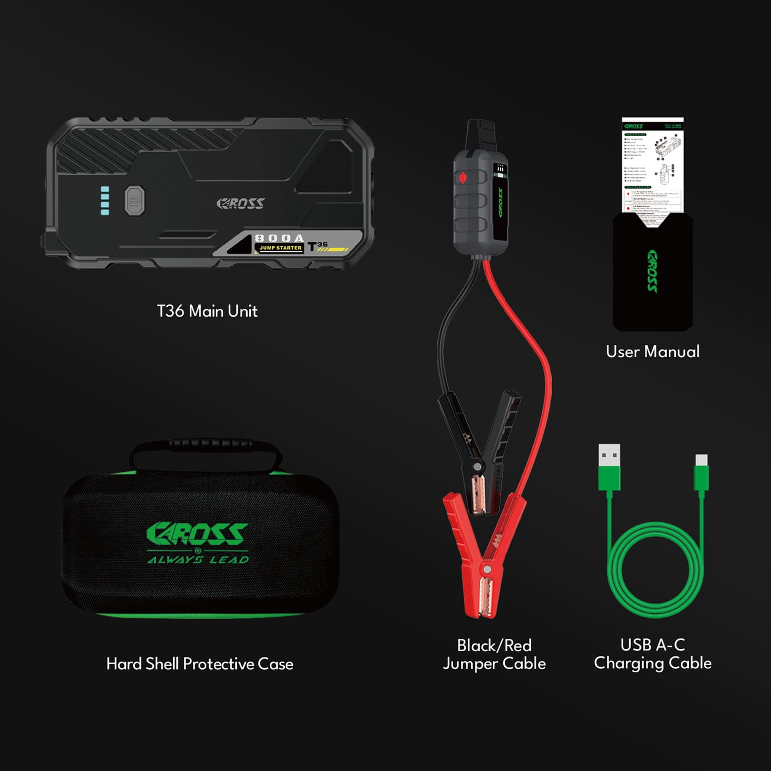 CAROSS T36 Portable Car Jump Starter and USB Power Bank with 800-Amp Peak, Smart Jumper Clamps, LED Light, and QC Fast Charger (Black)