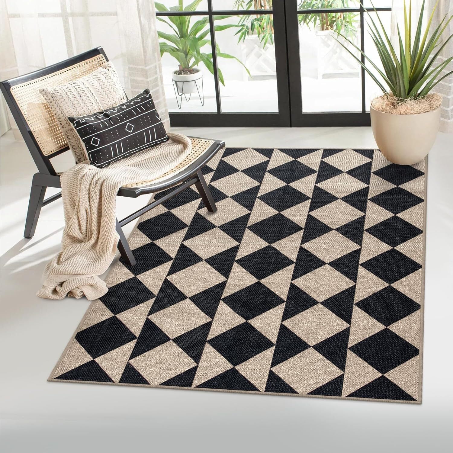 Lahome 3'x5' Checkered Easy Jute Area Rug,Outdoor Patio Rug Washable Rugs for Entryway Checkerboard Indoor Outdoor Living Room Classroom Rugs,Farmhouse Neutral Non Slip Black Carpet for Bedroom