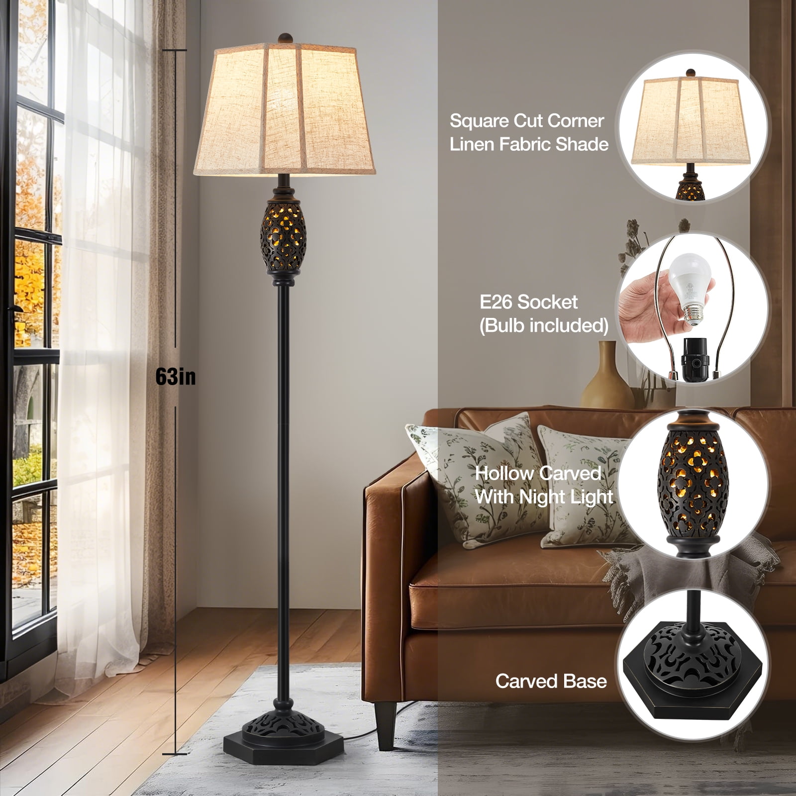 NATYSWAN  Vintage Floor Lamp with Cutout Design & Glowing Light - Resin Elegant Standing Lamp for Living Room, Bedroom, Office (Includes Bulb)