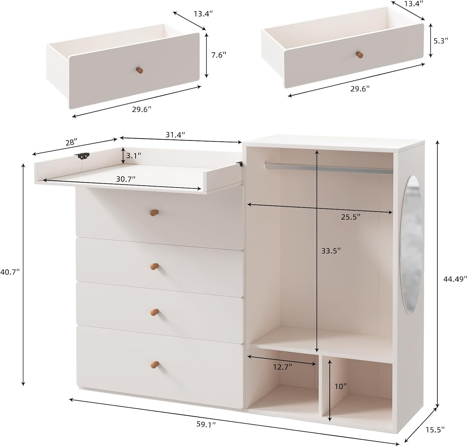 Linor Baby Changing Table Dresser, 59.1" Large Diaper Changing Station with Wide Top, 4 Drawers, Clothes Rack & Mirror, Modern Nursery Dresser, Nude Pink