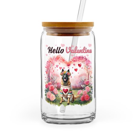 Hello Valentine’s Day Belgian Malinois Flower Crown Romantic Pink Floral 16oz Glass Cup Mug Sheepdog Dog Lover Gifts Glass Can with Bamboo Lid and Straw - 00031
