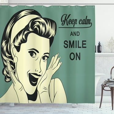 Vintage Woman Shower Curtain, Pop Art Woman Smiling in Comics Style with Motivational Quote, Fabric Bathroom Set with Hooks, 69W X 84L Inches Extra Long, Reseda Green Black Ivory, by Ambesonne