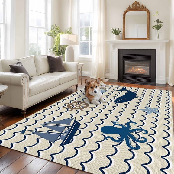 Marine Life Washable Area Rug 5x8 Ocean Nautical Beach Octopus Crab Sailboat Beige Low-Profile Large Area Rugs with Non Slip Backing Indoor Floor Carpet for Entrance Living Room Bedroom Home Office