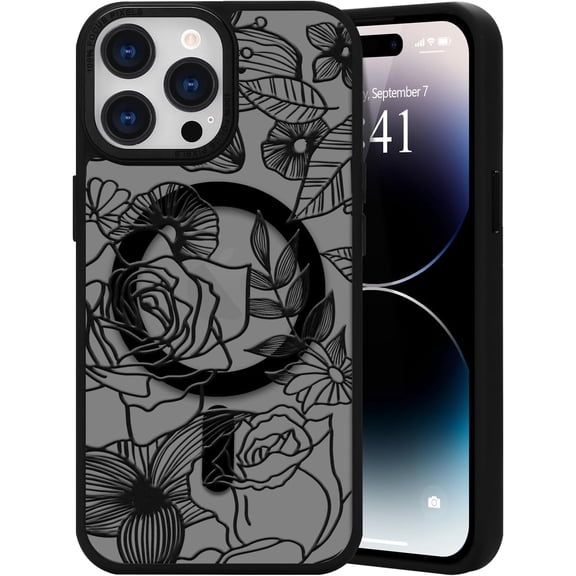 for iPhone 14 Pro Max Case for Women Girls, Compatible with MagSafe, Flower Rose Floral Pattern Cute Print Cover, TPU Bumper Protective Case for iPhone 14 Pro Max (6.7"), Black Rose