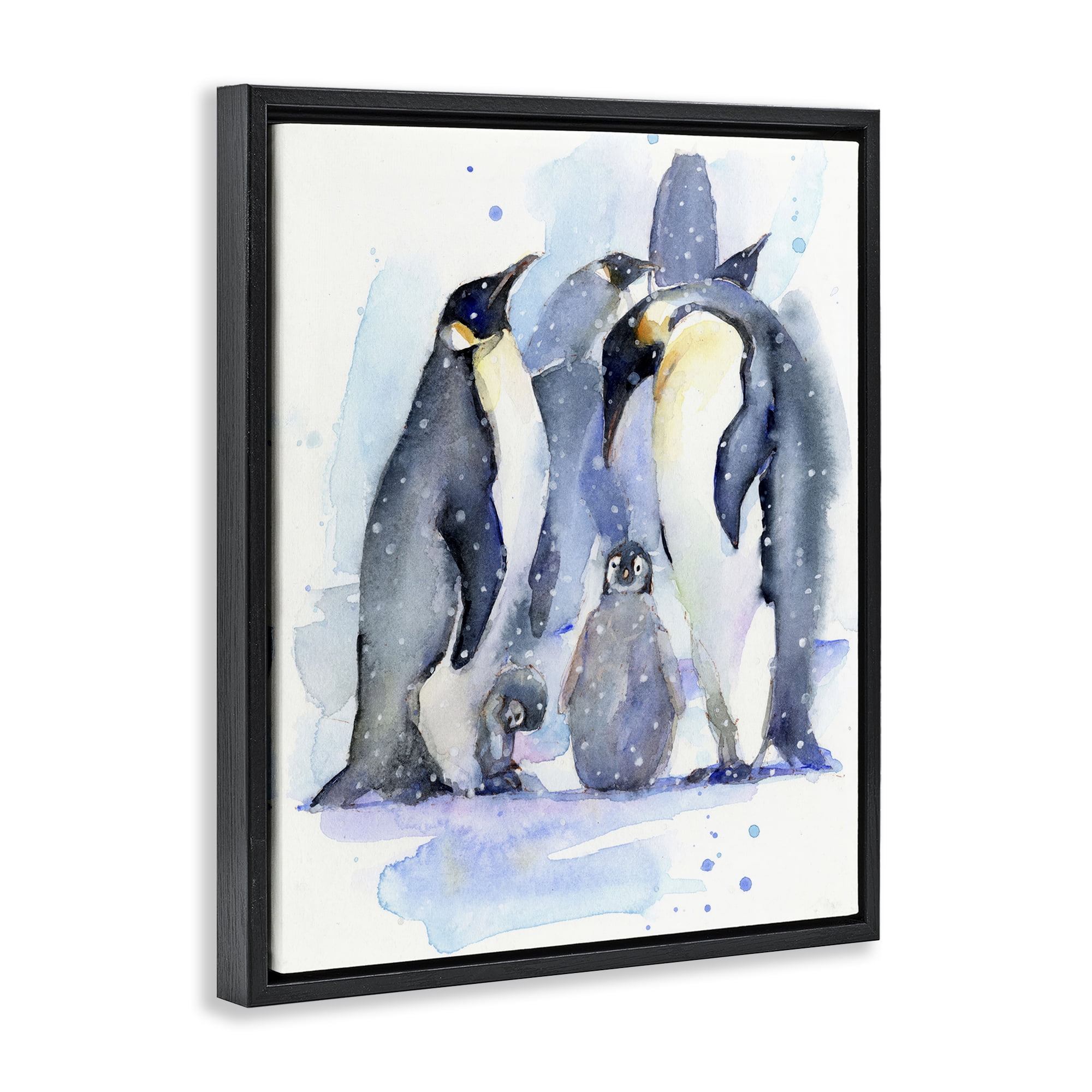 Stupell Industries Penguin Family Watercolor Animals Painting Black Floater Framed Canvas Art Print Wall Art, 17 x 21