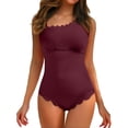 thumbnail image 2 of Bathing Suit One Piece, Womens One Piece Swimsuits, Swimsuit, One Piece Bathing Suit, One Piece Swimsuit Women Ribbed Scalloped Bathing Suit Cutout 1 Piece Slimming Full Coverage Swim Suit, Wine M, 2 of 5