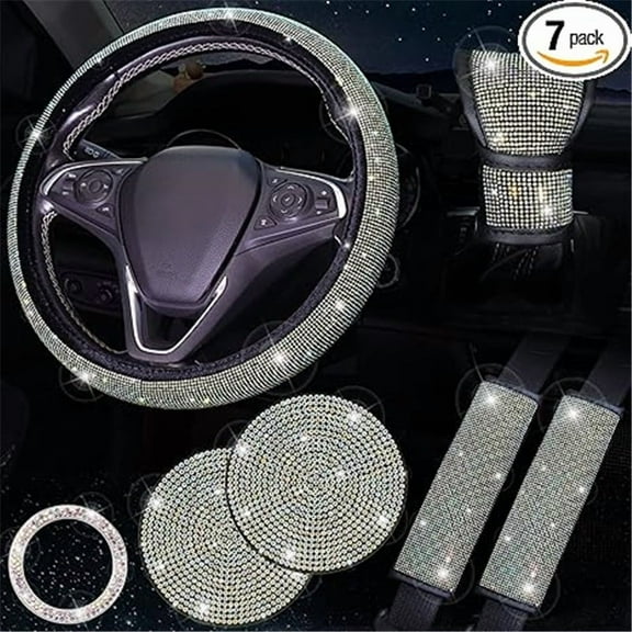Bling Steering Wheel Cover Set, 15 inch, 7 Pack Crystal Diamond Rhinestone Car Accessories with Seat Belt Cushion, Gear Shift Cover, Push Start Button Ring, Car Coaster, Colorful