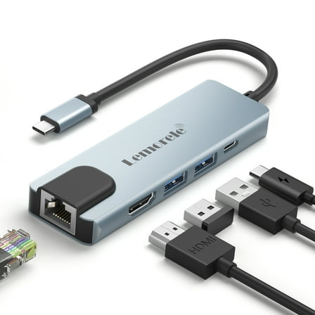 Lemorele 5 in 1 Docking Station with 4k HDMI, RJ45 Ethernet, 2 USB A and Type-C Charging Ports, Plug and Play USB C Hub