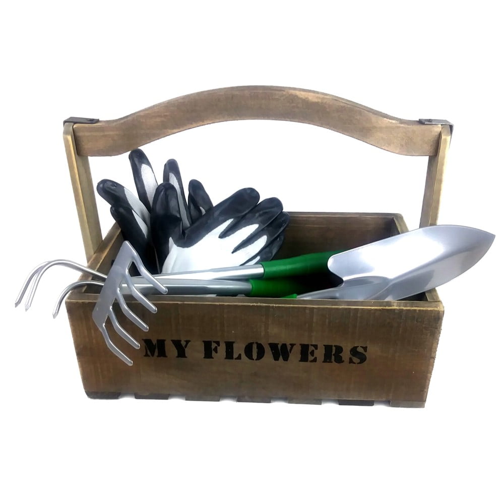 Wooden Garden Tool Box With Tools And Gloves