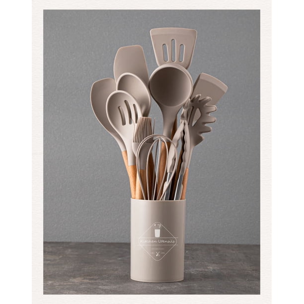 Accesorios Cocina Prácticos Juego De 12 Utensilios De Cocina De Silicona - Mangos De Madera, Antiadherente Utensilios Cocina