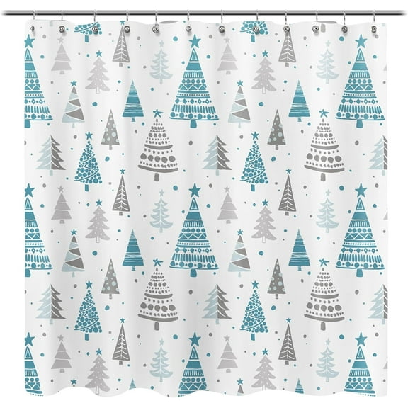 Christmas Shower Curtain, Blue and Gray Xmas Trees with Stars and Snow Pattern Shower Curtains for Bathroom Decor, Winter Snowflake Pine Tree Bathroom Curtains, 71x71 Inch