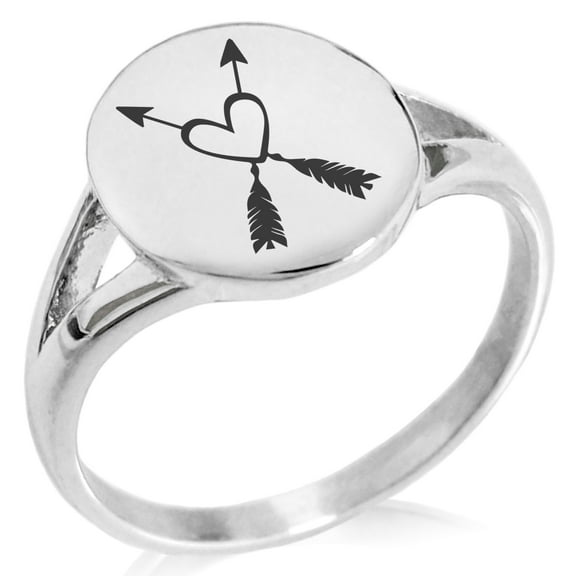 Stainless Steel Heart Arrows Minimalist Oval Top Polished Statement Ring