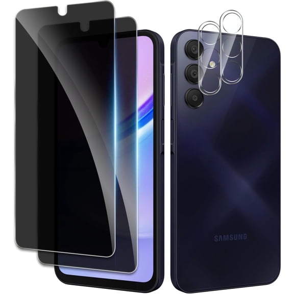 [2 2 Pack] Privacy Screen Protector for Samsung Galaxy A15, Anti-Spy Shatterproof Tempered Glass with Camera Lens Tempered Glass 9H Hardness Bubble Free Anti-Glare Case Friendly