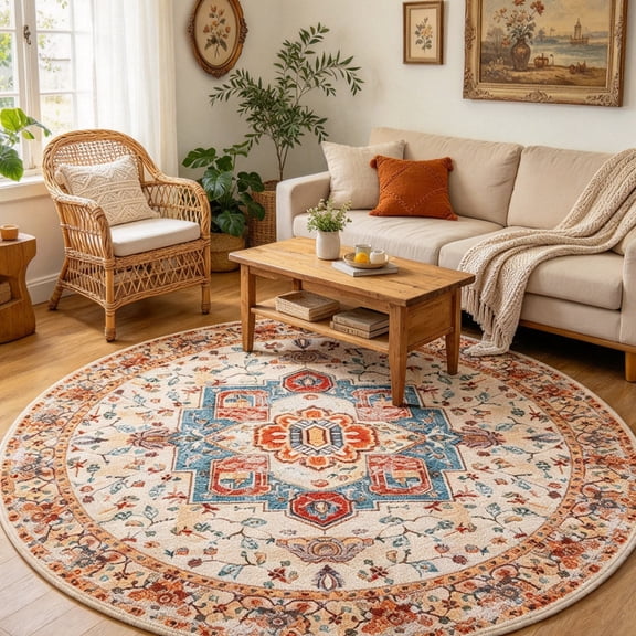 YJ.GWL Round Rugs Soft Vintage Circle Area Rug Low-Pile Floor Carpet for Living Room Bedroom Nursery Bathroom Kitchen Indoor,4Ft,Orange